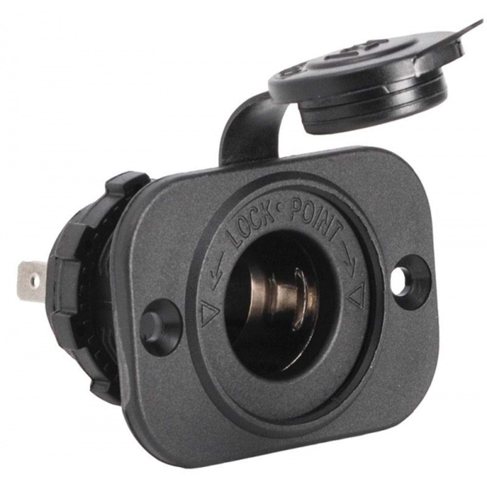 Siyah Polikarbonat Çakmak Prizi - Kauçuk Kapaklı, Çerçeveli/Çerçevesiz Montaj