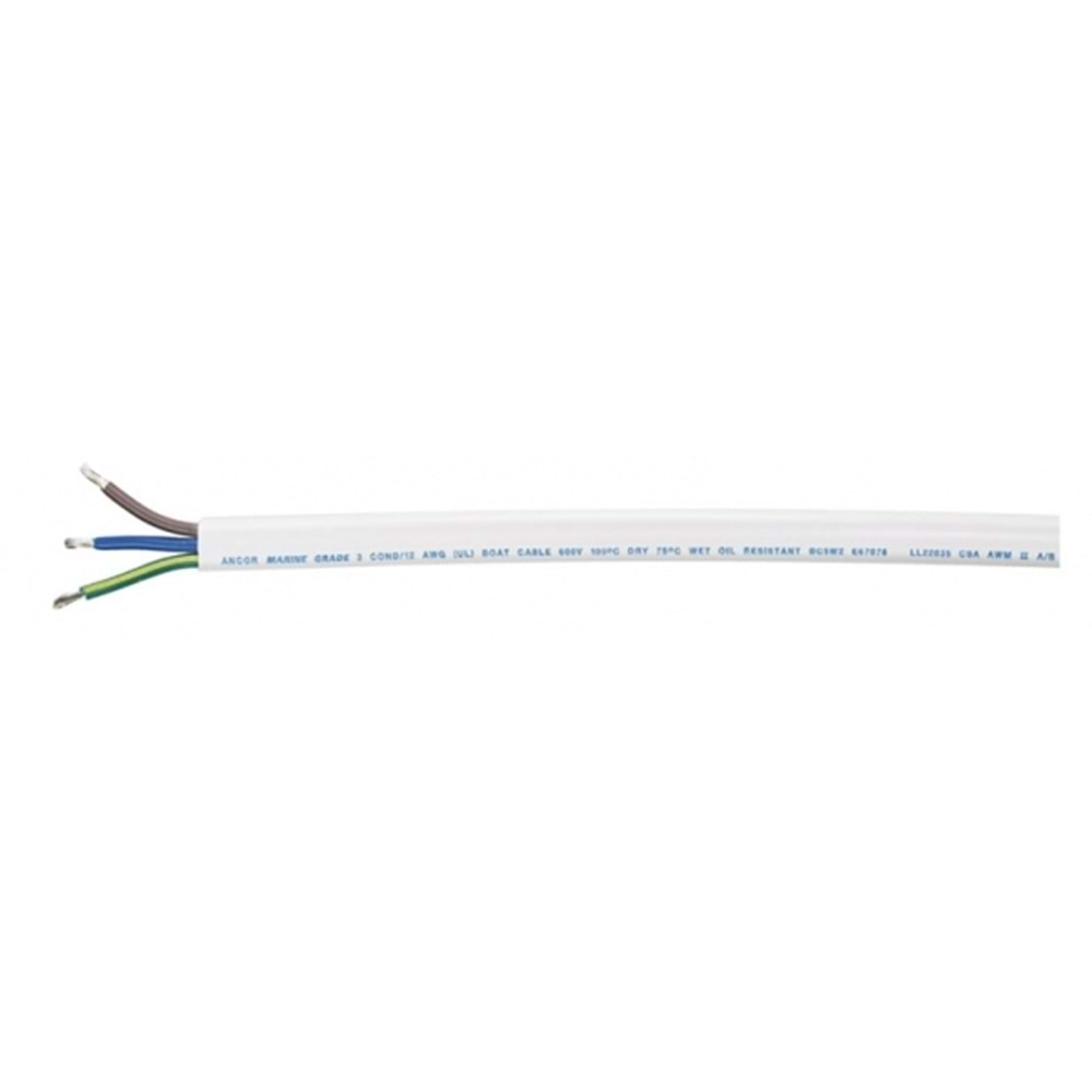 Üçlü Marin AC Yassı Elektrik Kablosu – Mavi/Kahverengi/Yeşil-Sarı Kodlu, Beyaz Kılıflı, 3x5 mm²